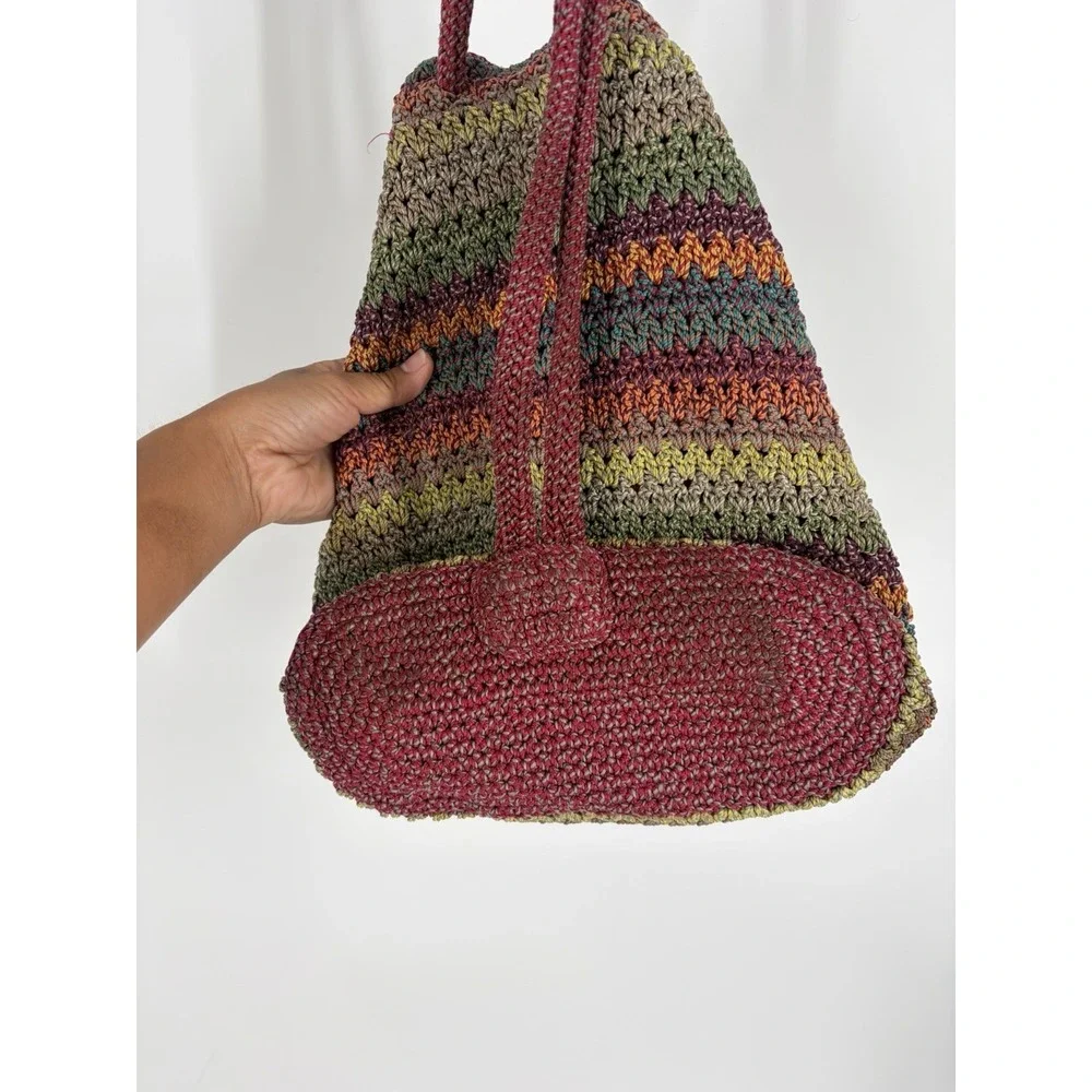 The Sak Boho Crochet Knit Backpack Bag Multicolor Striped Drawstring Purse